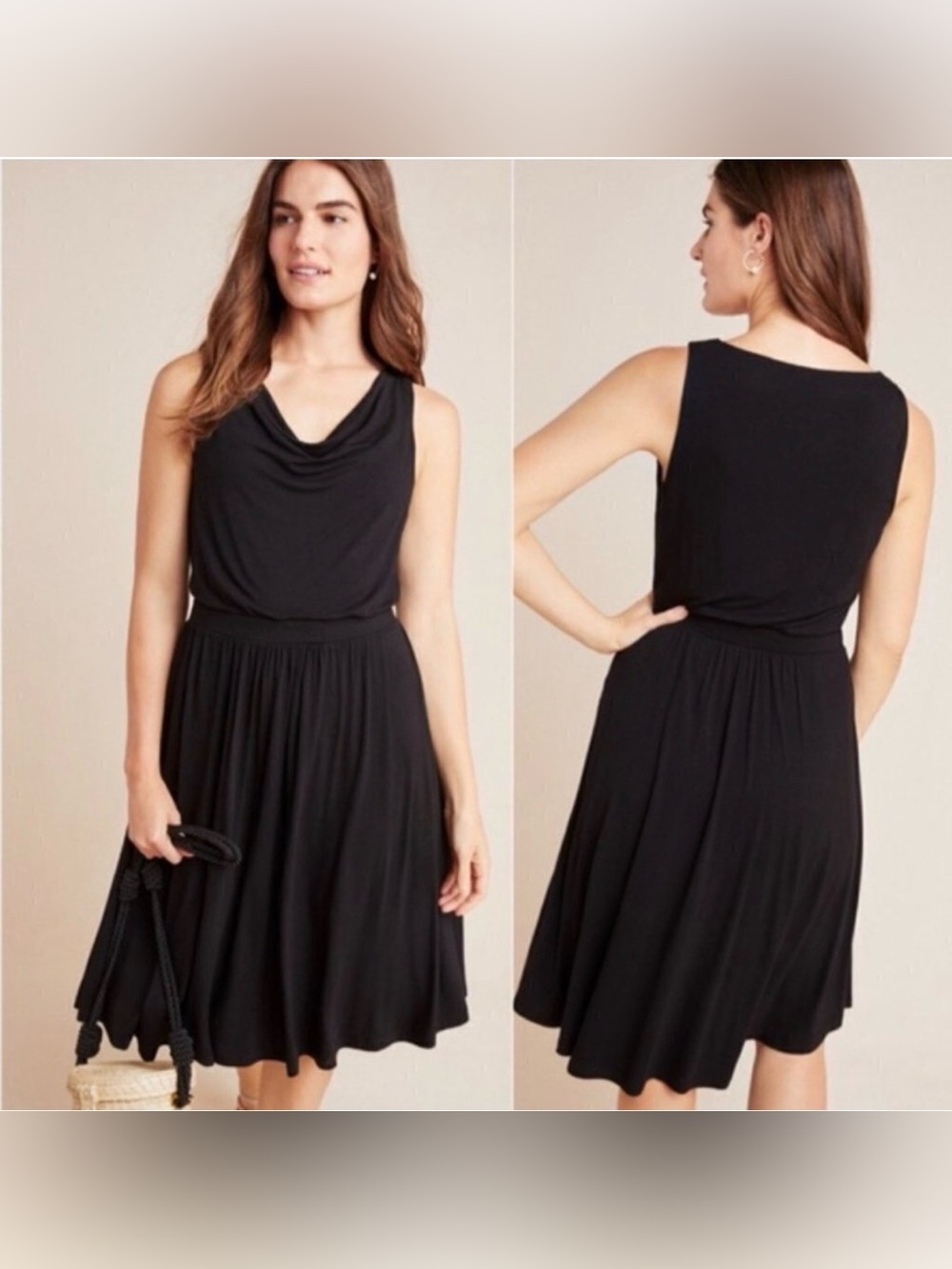 Anthropologie Black Sleeveless Cowl-Neck Fit & Flare Dress
